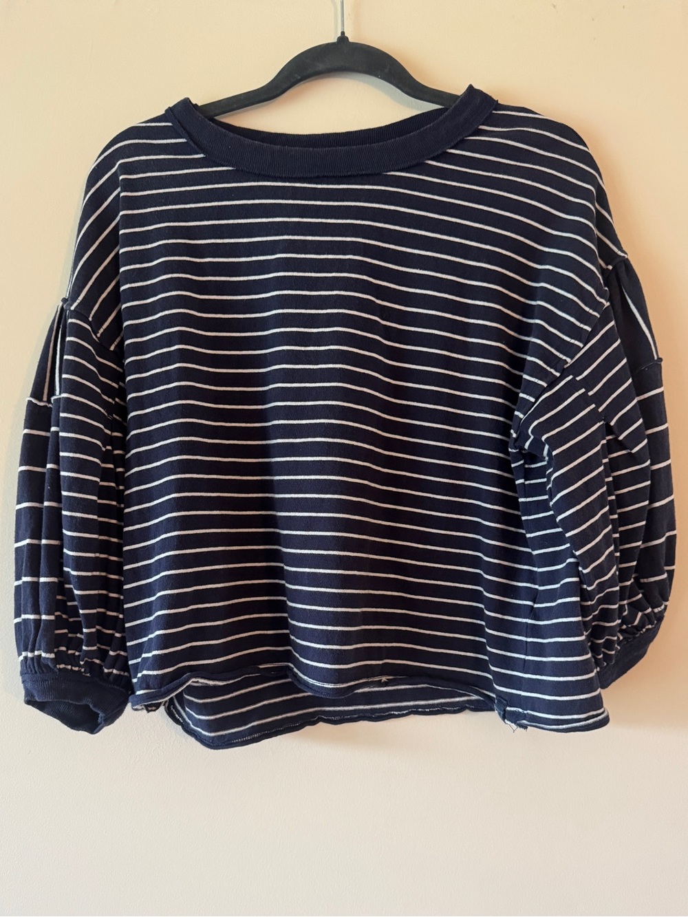 We The Free Navy & White Striped oversized Puff-Sleeve top